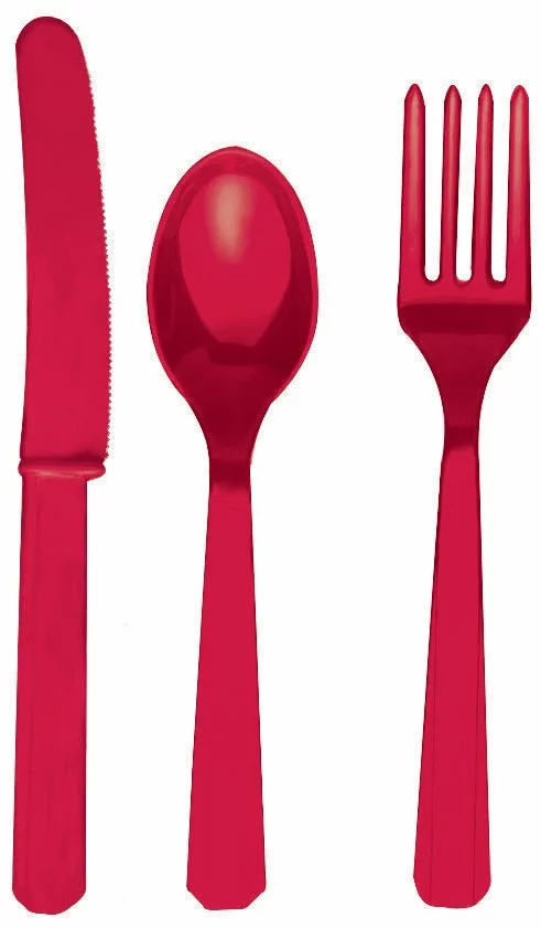 Apple Red Forks, Knives And Spoons (8 Each) 3 Apple Red Forks, Knives And Spoons (8 Each)
